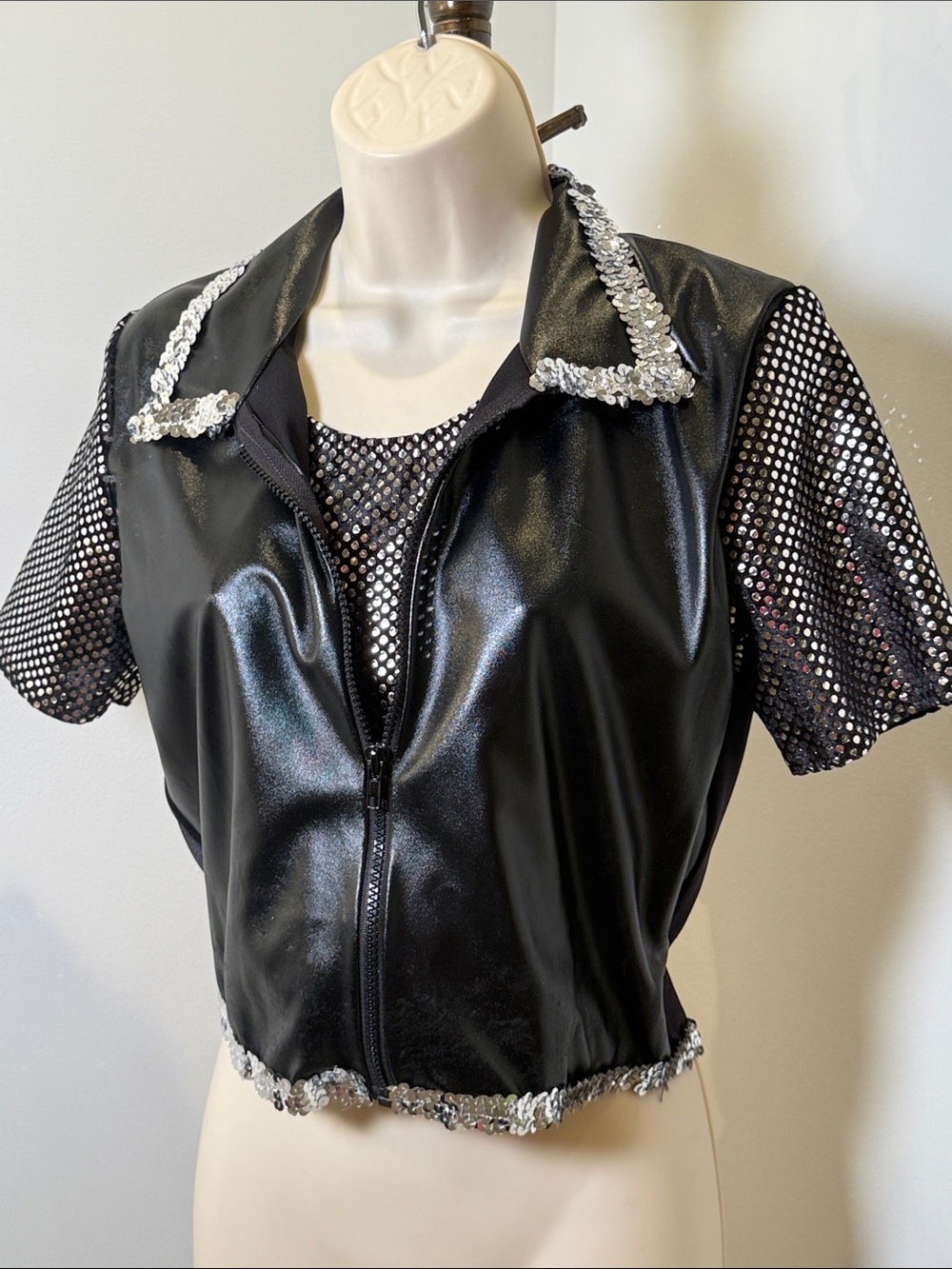 Curtain Call Costumes Black Sequin Trim Faux Leather Cropped Jacket Sequin Tee